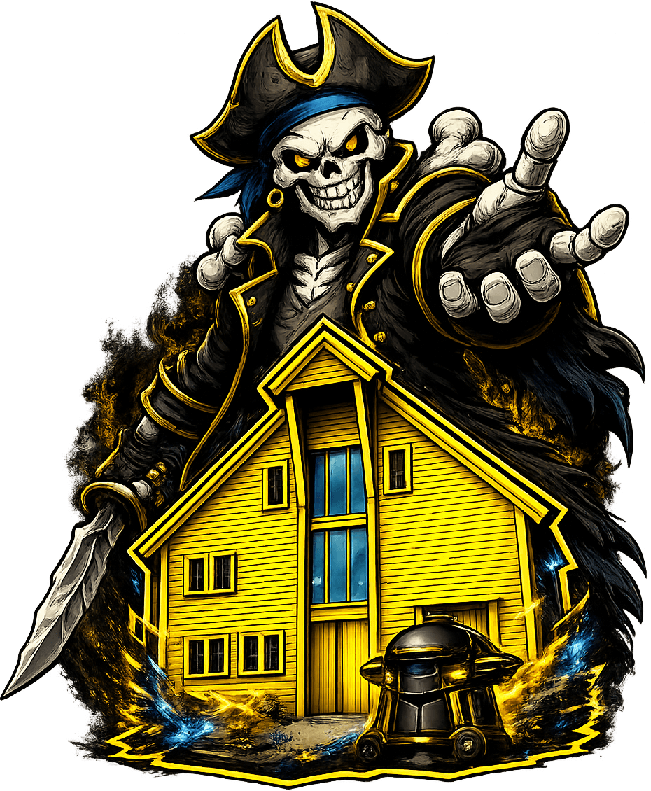 Pirate skull hovering over boat house inviting to party